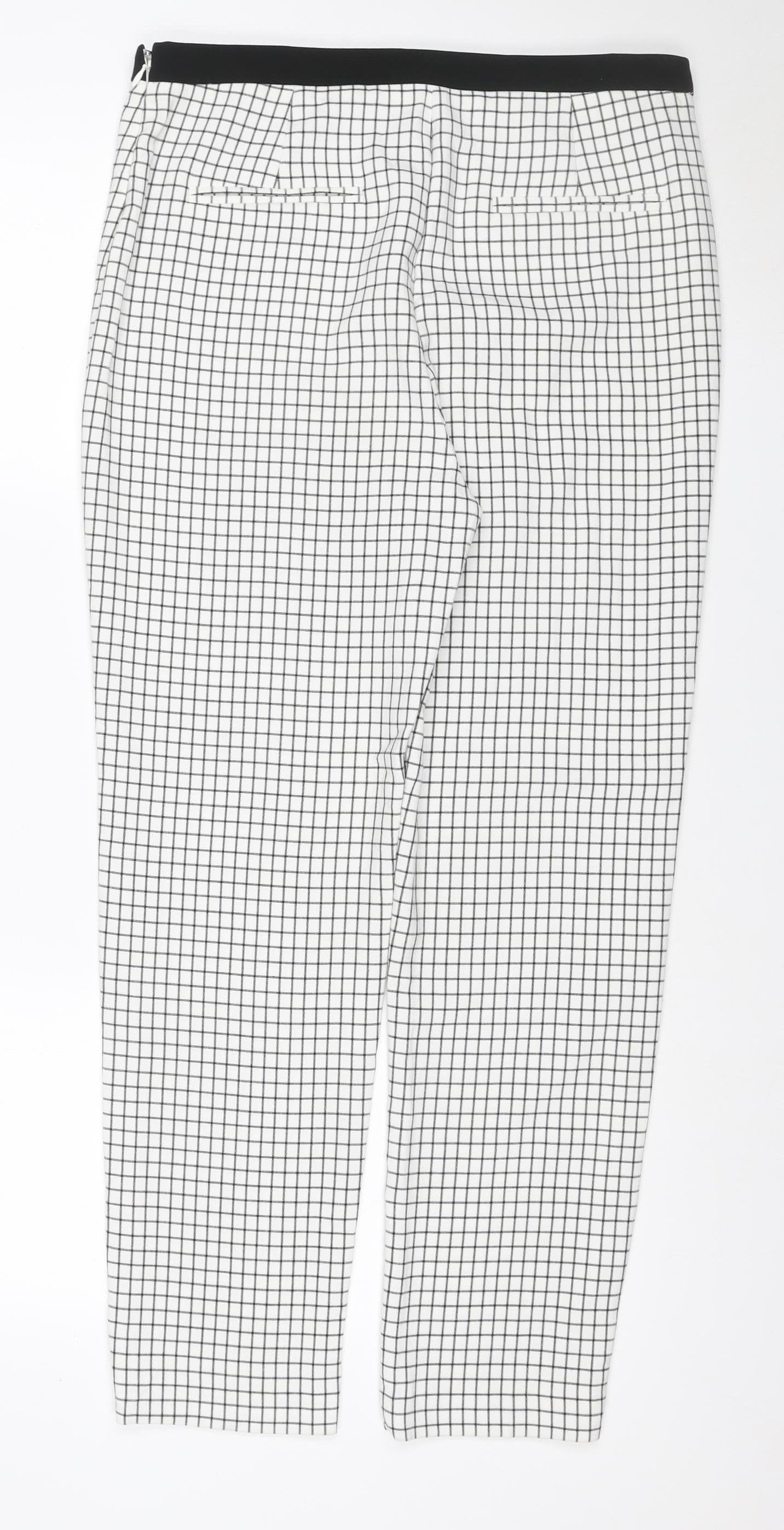 Marks & Spencer Women White Check Trousers UK 12 Long Stretch Waist