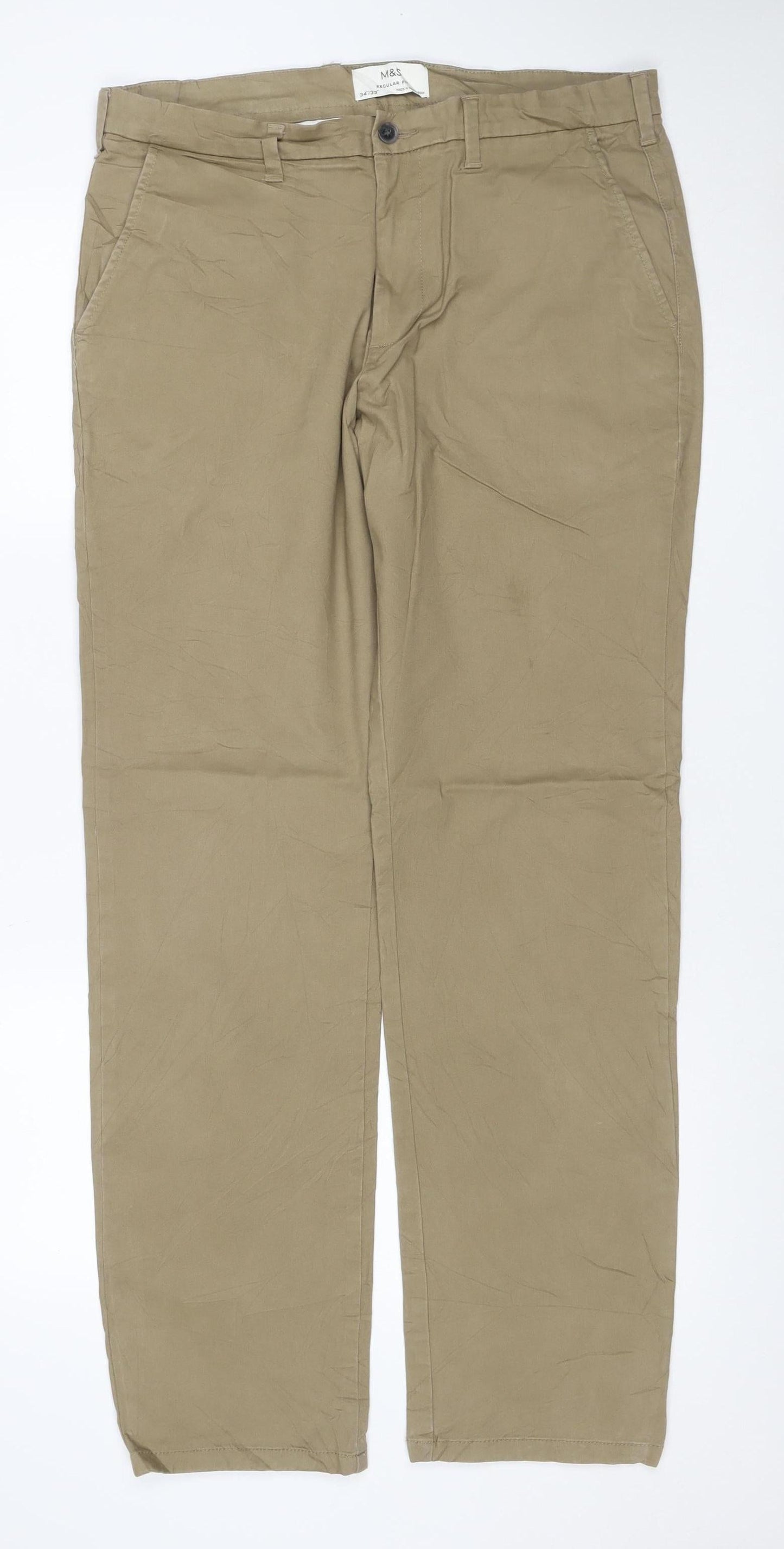 M&S Men’s Beige Chino Trousers 34/33 Regular Fit Stretch Cotton