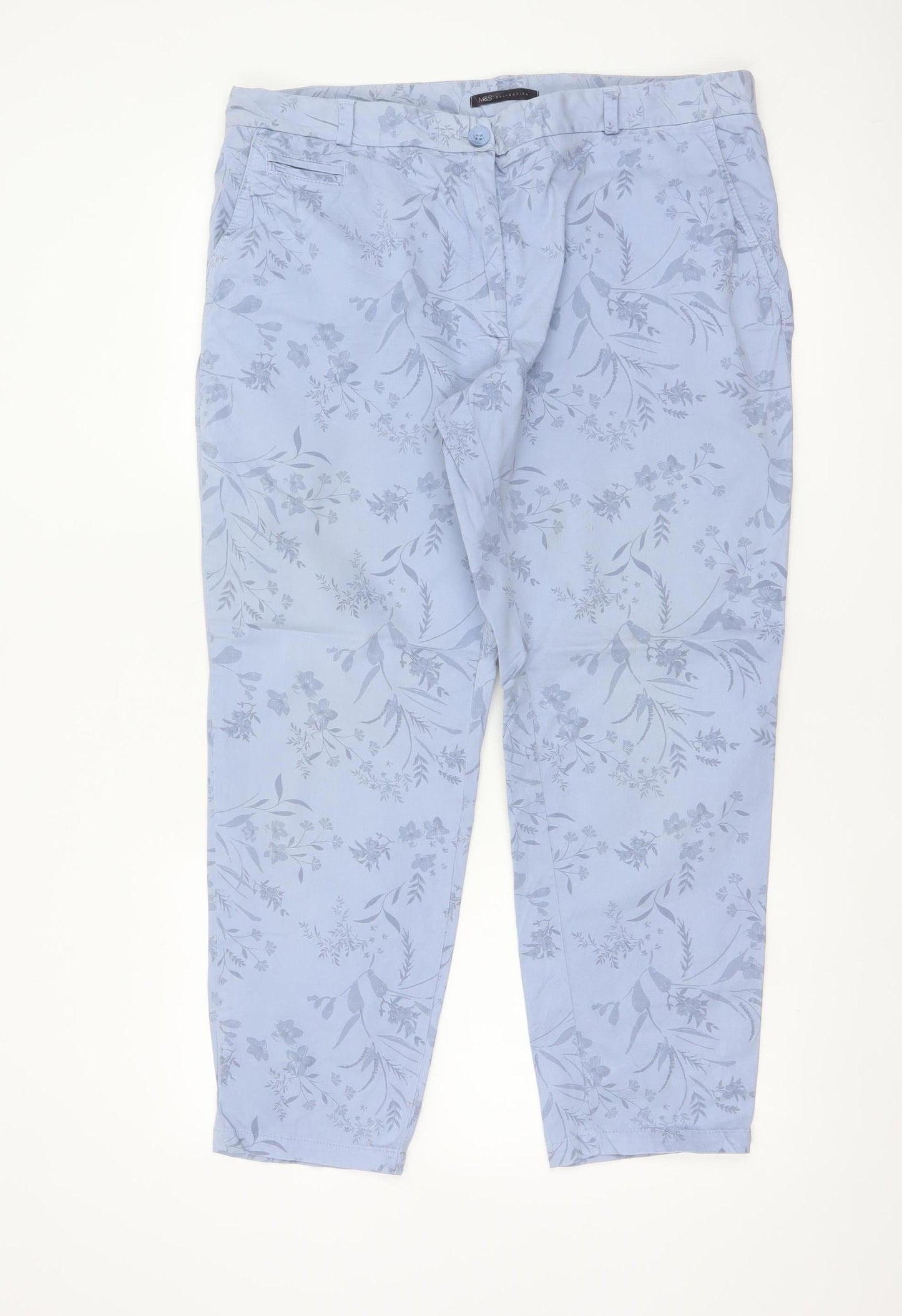 M&S Women Blue Floral Slim Tapered Chino Trousers UK 16 Short
