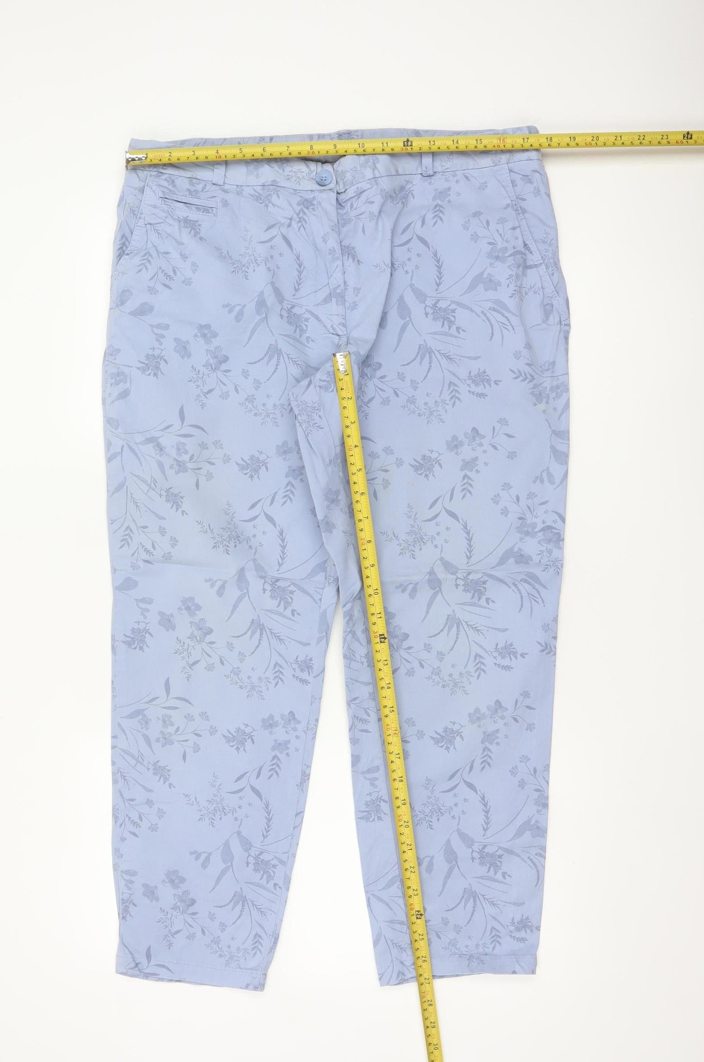 M&S Women Blue Floral Slim Tapered Chino Trousers UK 16 Short