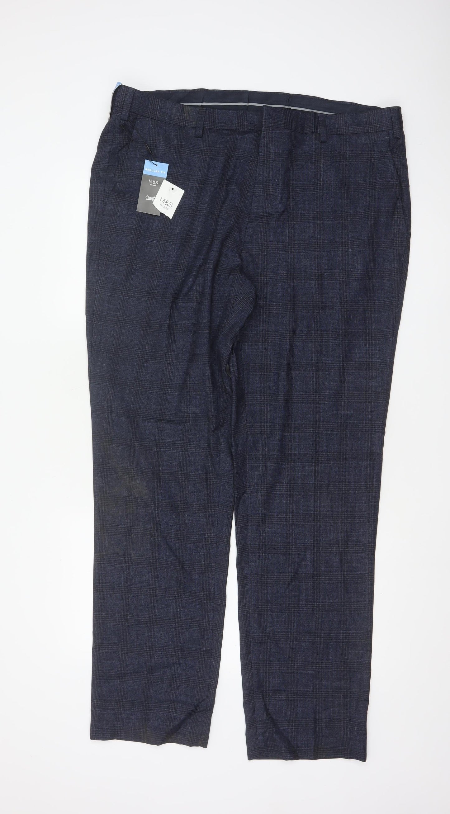 Marks and Spencer Men’s Blue Check Regular Fit Dress Trousers 40 33