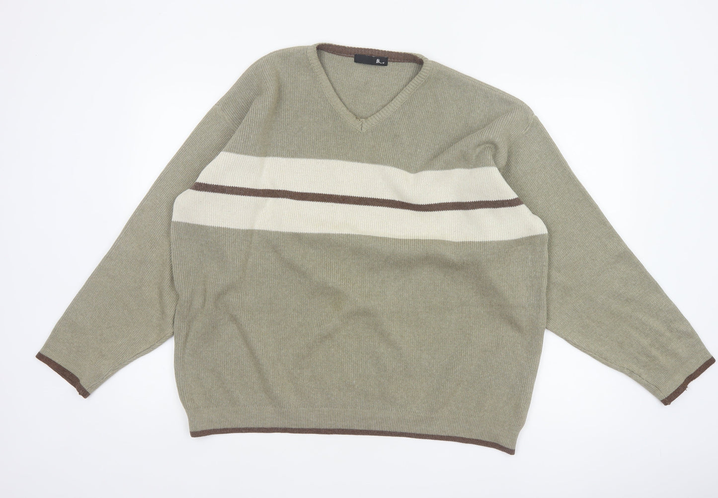BHS Men’s Beige L V-Neck Striped Cotton Blend Knit Pullover Jumper