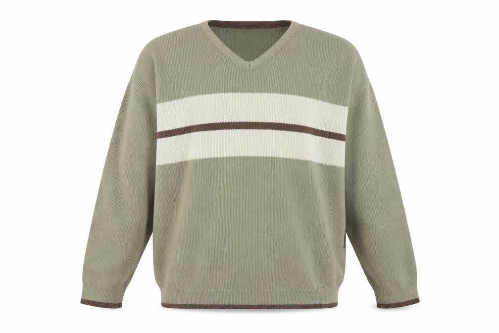 BHS Men’s Beige L V-Neck Striped Cotton Blend Knit Pullover Jumper