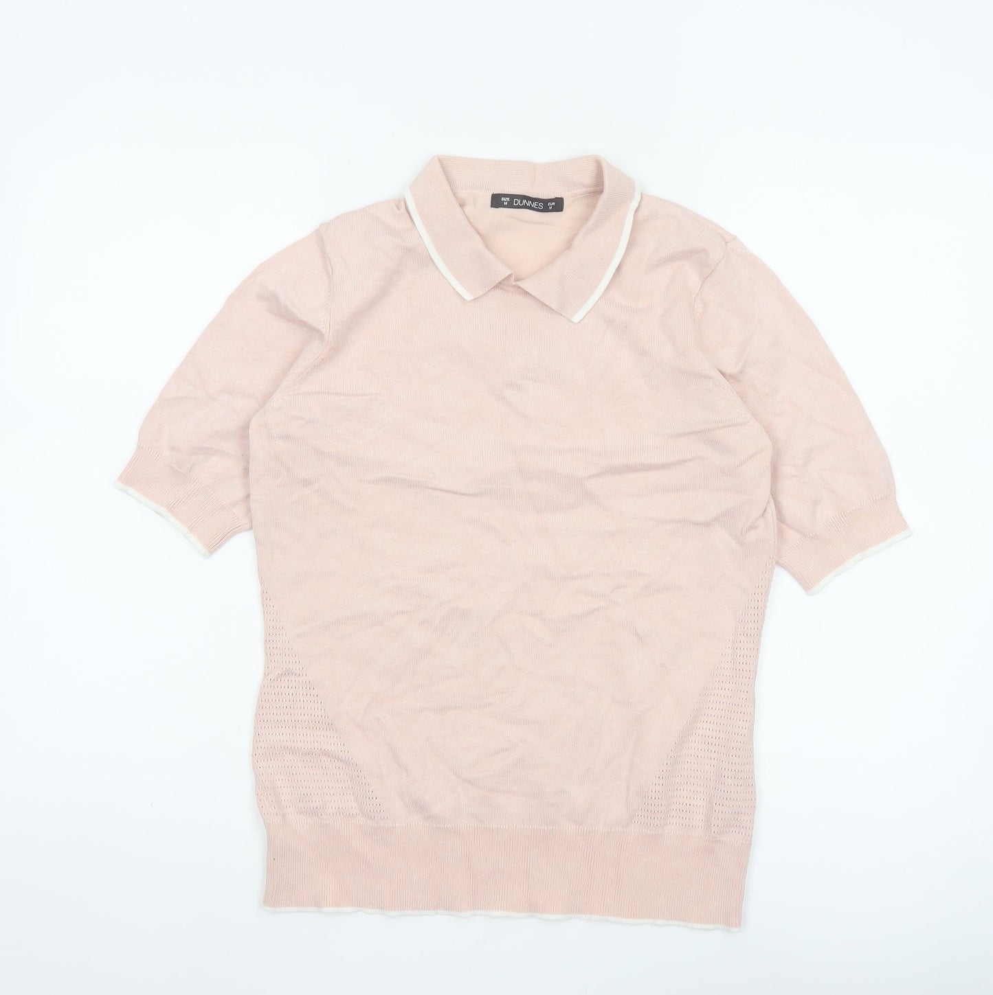 Dunnes Women Pink M Knit Polo Top Short Sleeve Contrast Trim