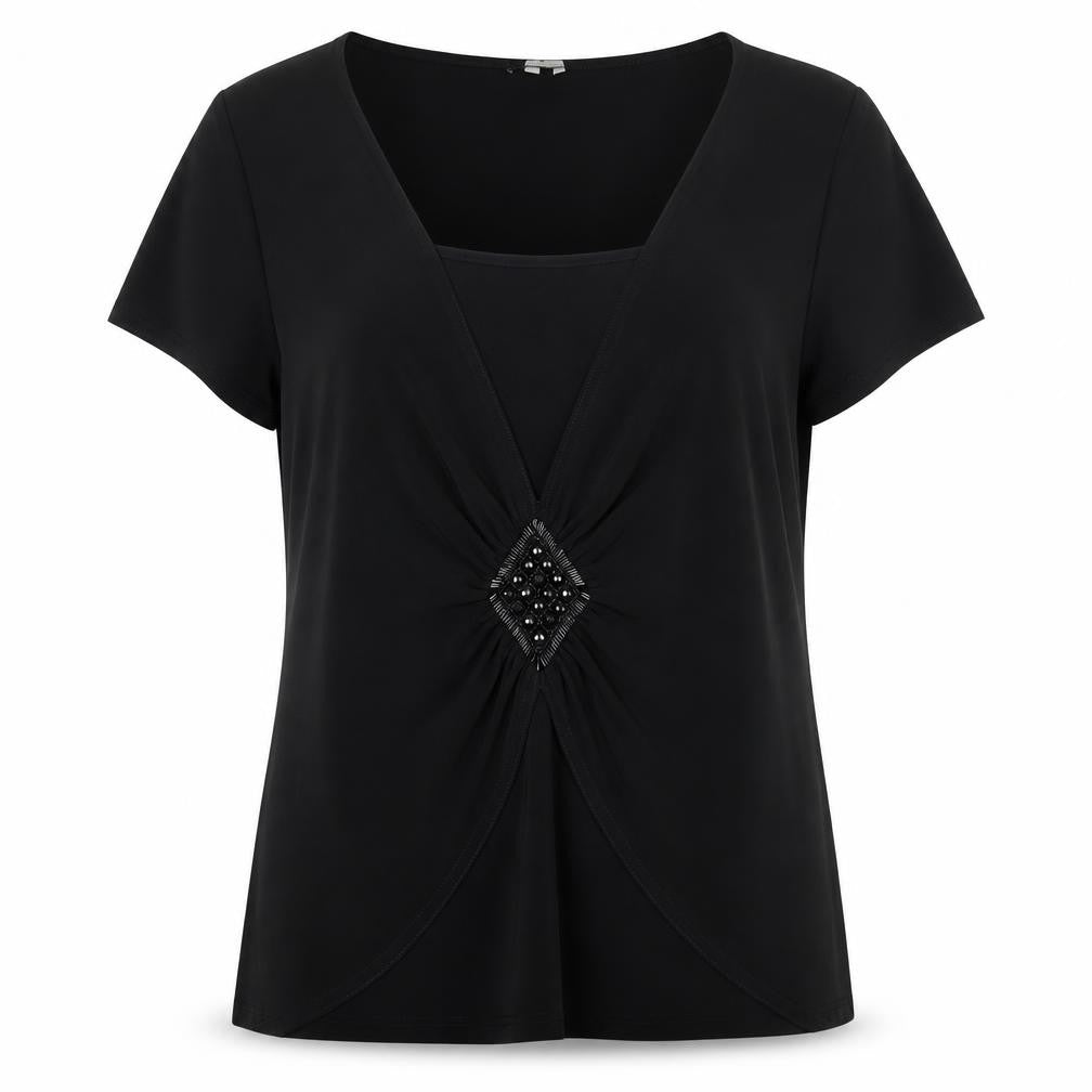 Kaliko Women’s Black UK 16 V-Neck Beaded Short Sleeve Blouse
