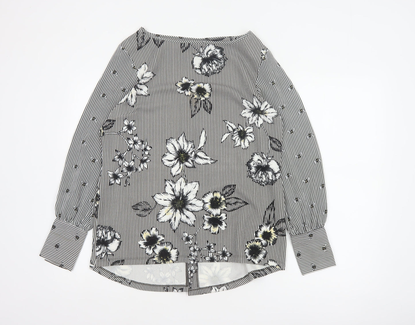 Next Women Black White Floral Stripe Long Sleeve Blouse UK 12
