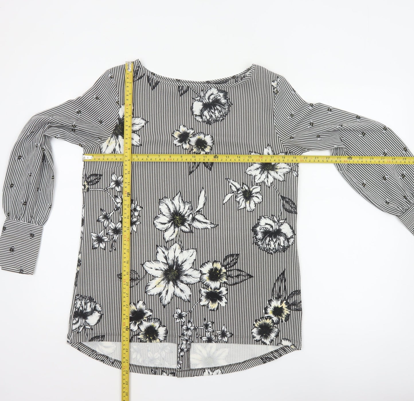 Next Women Black White Floral Stripe Long Sleeve Blouse UK 12