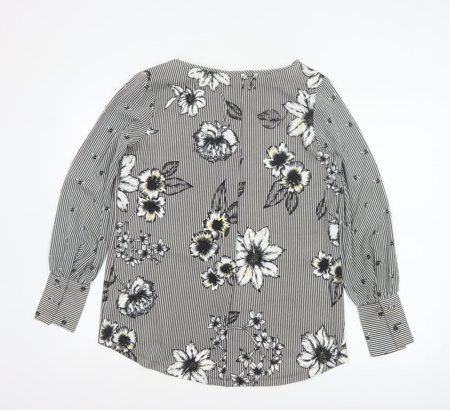 Next Women Black White Floral Stripe Long Sleeve Blouse UK 12