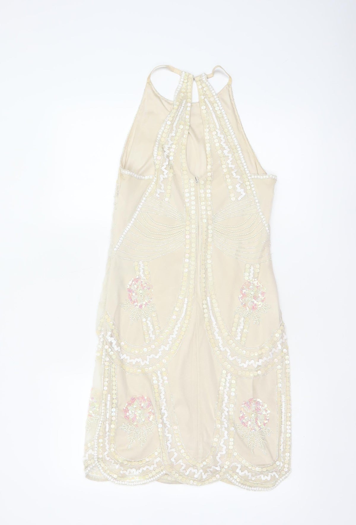 Lipsy Women's Beige UK 10 Beaded Sequin Halter Sheath Party Dress