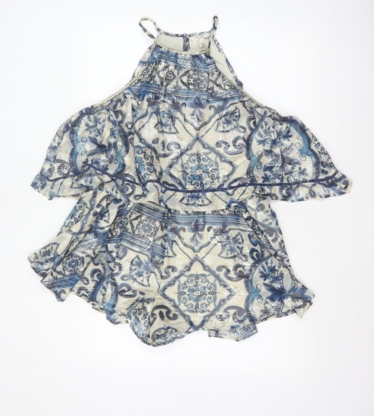 In Other Words Women Blue Metallic Baroque Playsuit UK 10 Cape Overlay