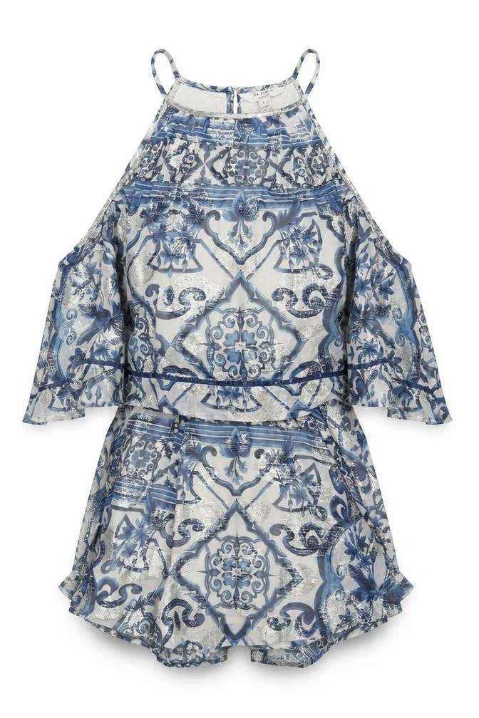 In Other Words Women Blue Metallic Baroque Playsuit UK 10 Cape Overlay