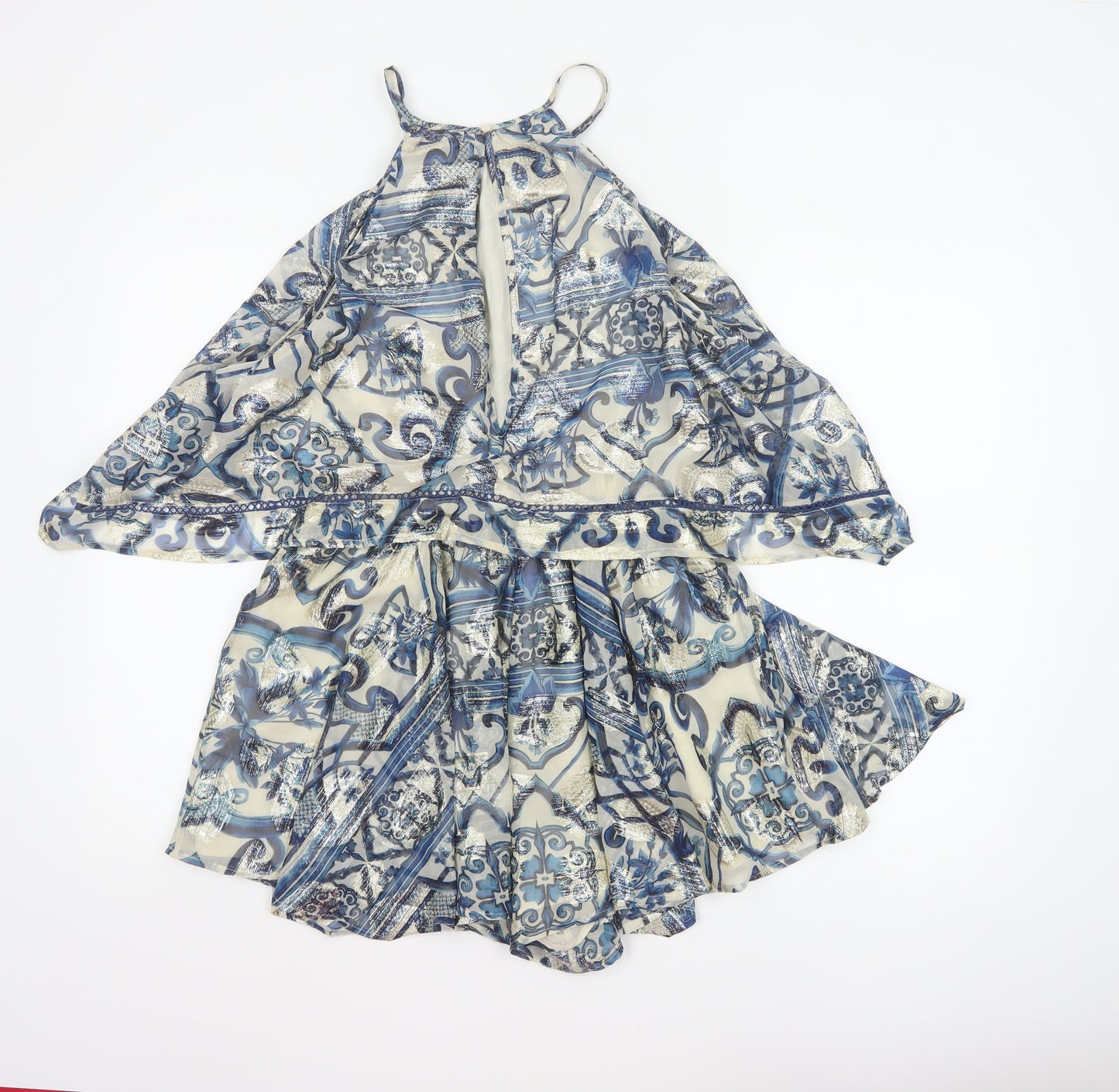 In Other Words Women Blue Metallic Baroque Playsuit UK 10 Cape Overlay