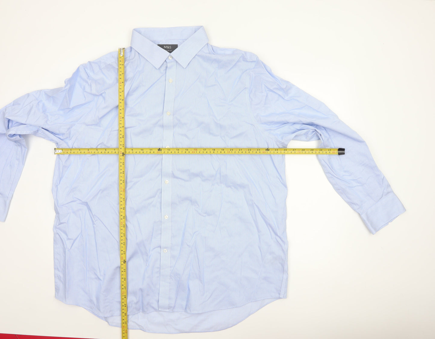 Marks and Spencer Men's Blue 19in Regular Fit Non-Iron Striped Shirt
