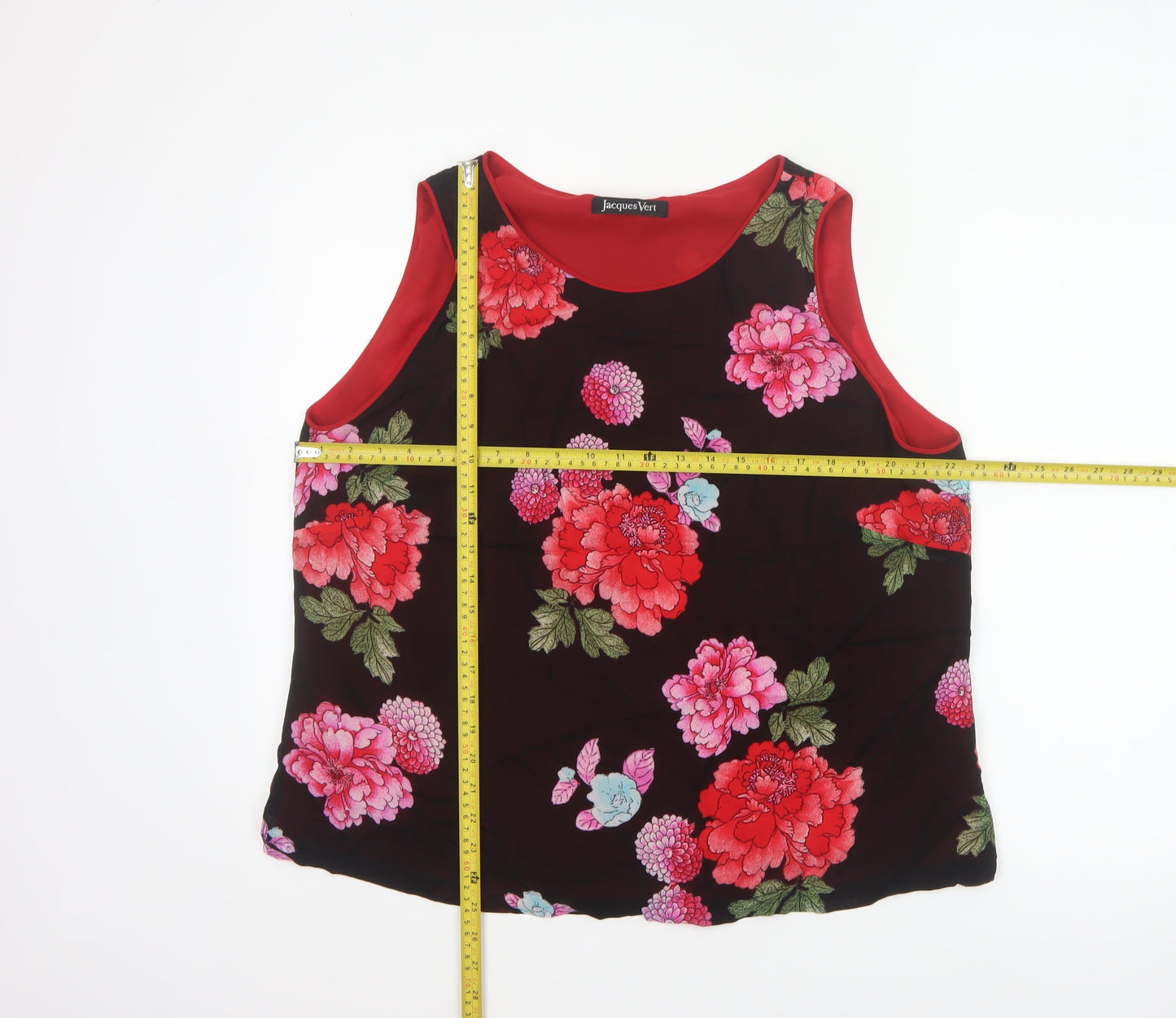 Jacques Vert Women Black Floral Viscose Tank Top UK 20 Lined Scoop Neck