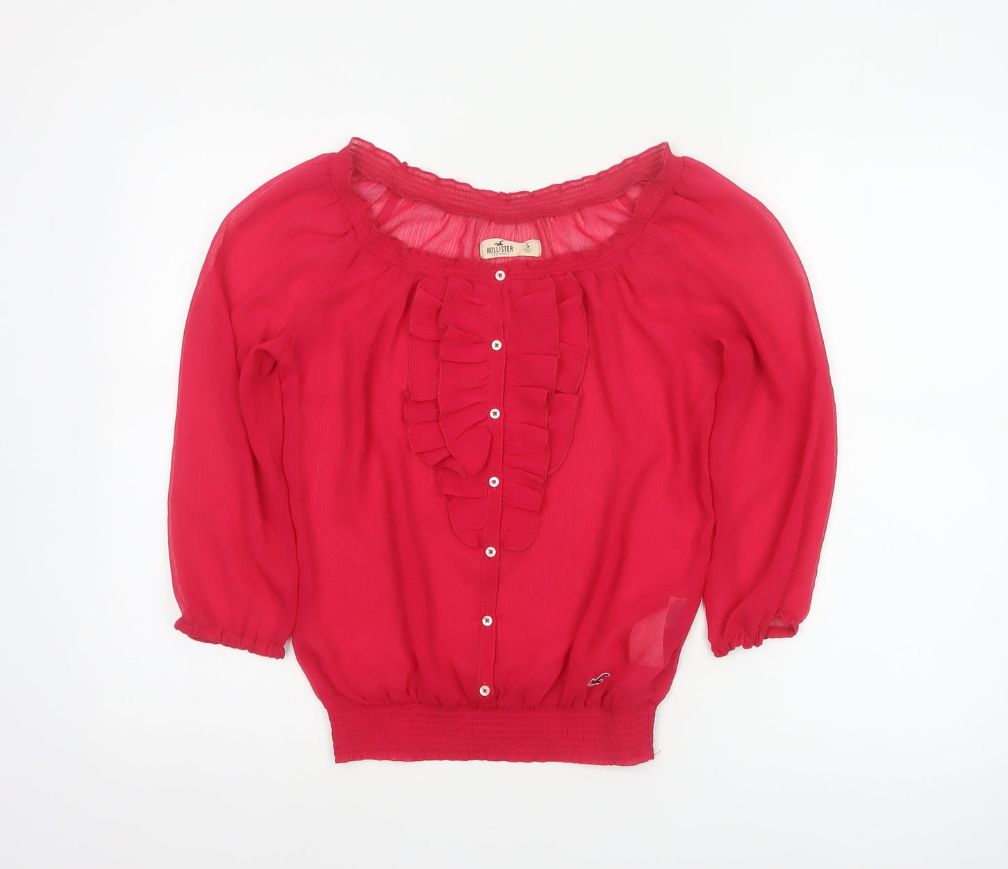 Hollister Women Red S Sheer Ruffle Button 3/4 Sleeve Blouse
