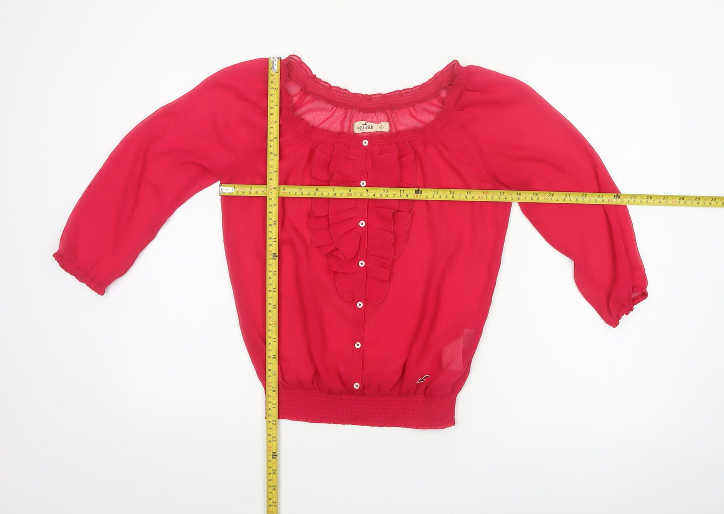Hollister Women Red S Sheer Ruffle Button 3/4 Sleeve Blouse