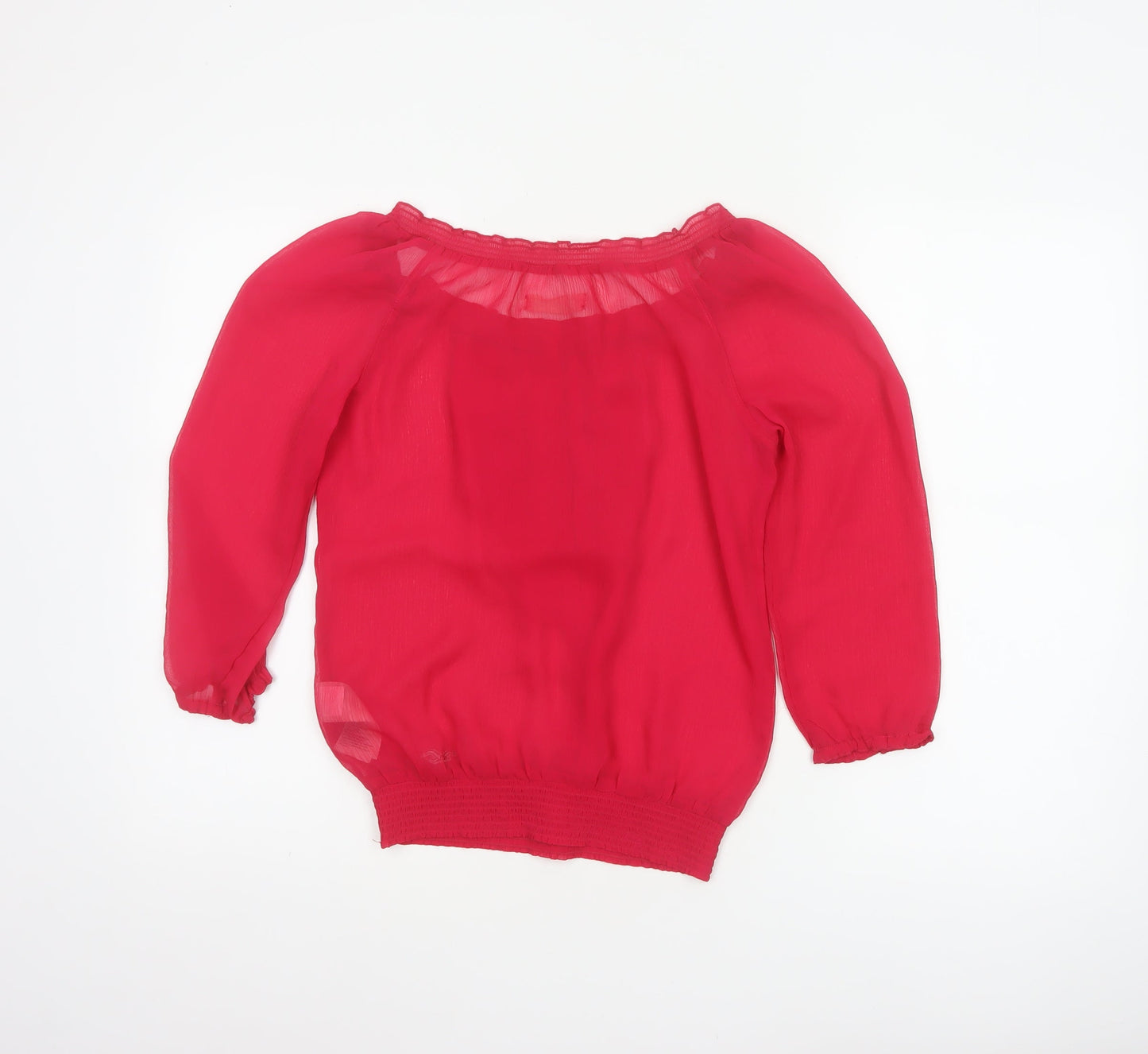 Hollister Women Red S Sheer Ruffle Button 3/4 Sleeve Blouse