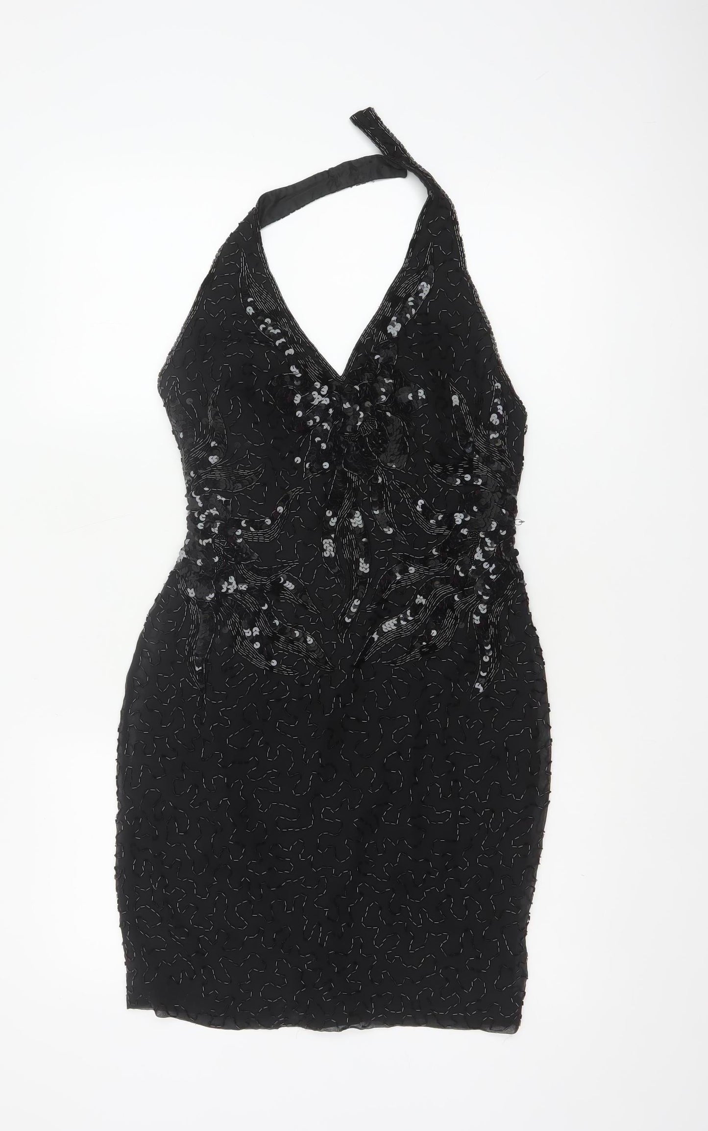 Morgan Taylor Evening Women’s Black Silk Beaded Halter Sheath Dress Size 4