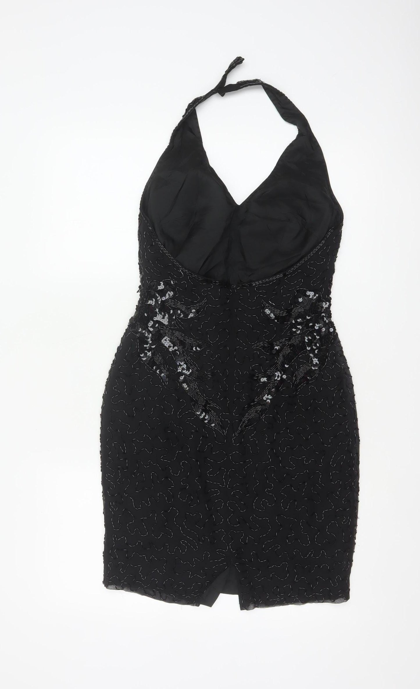 Morgan Taylor Evening Women’s Black Silk Beaded Halter Sheath Dress Size 4