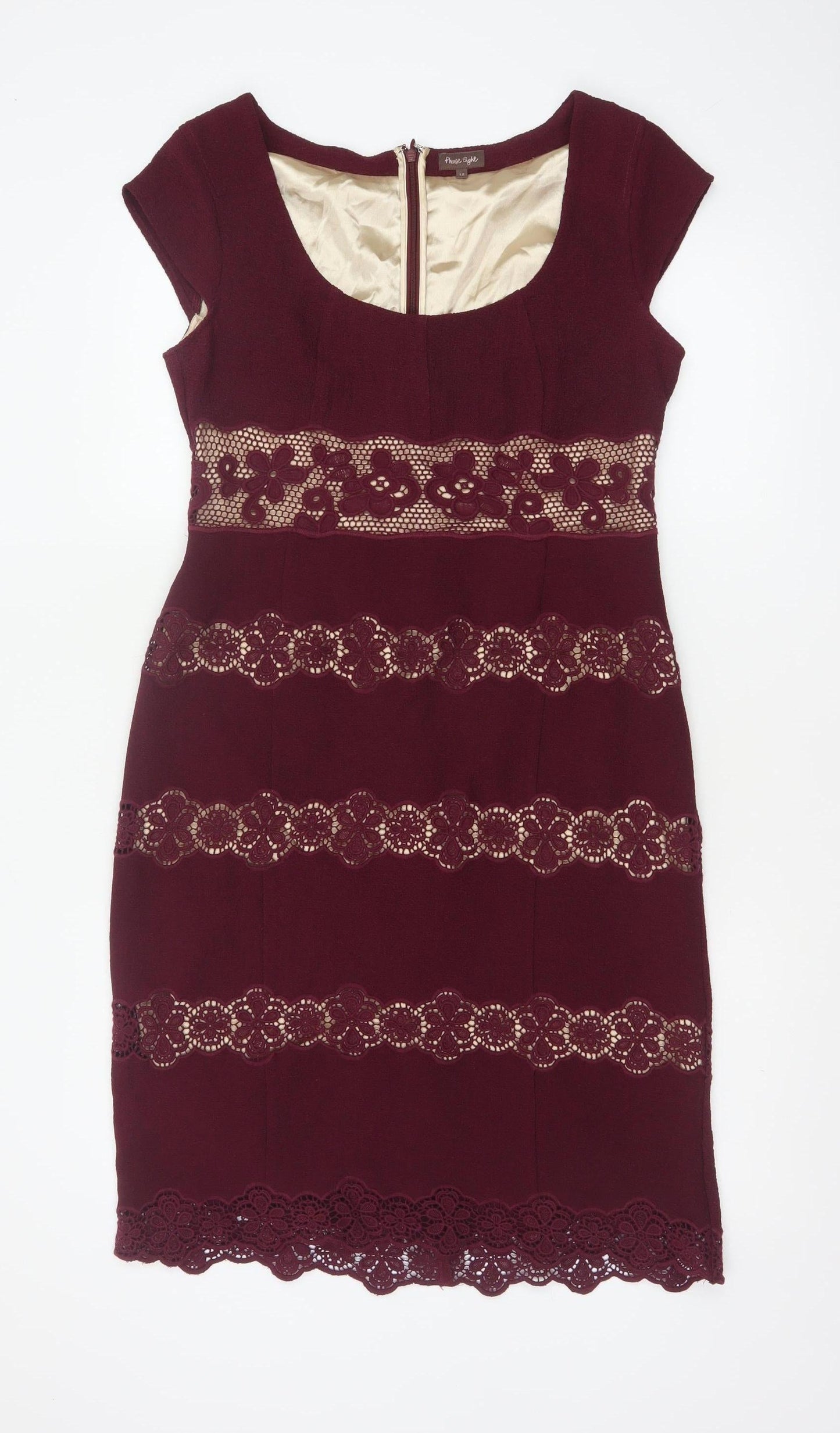Phase Eight Women Burgundy Red UK 12 Lace Sheath Knee Length Dress