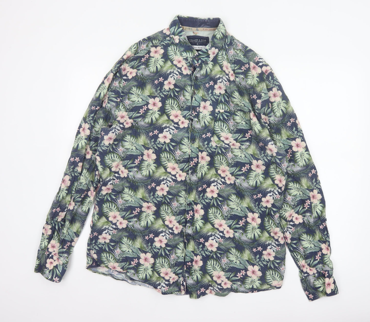 Colours & Sons Men’s Multicoloured XL Tropical Floral Linen Blend Shirt