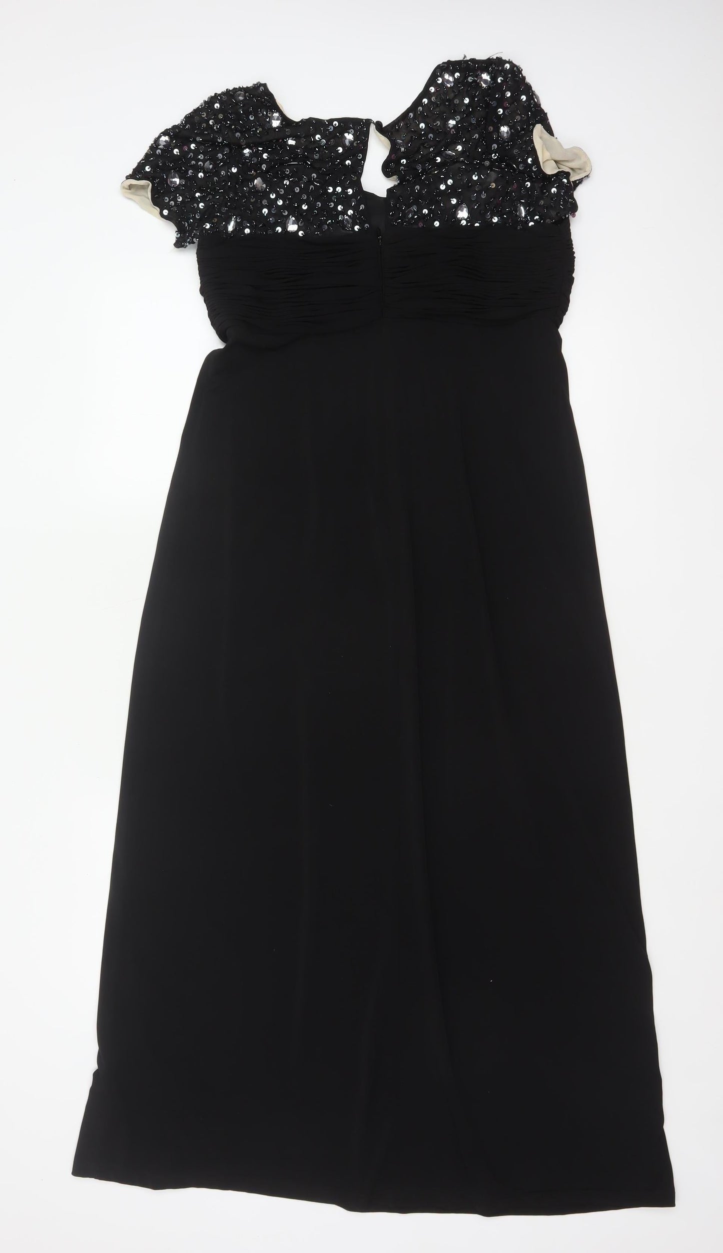 Berkertex Women Black UK 12 Maxi Evening Dress Sequin Cap Sleeve