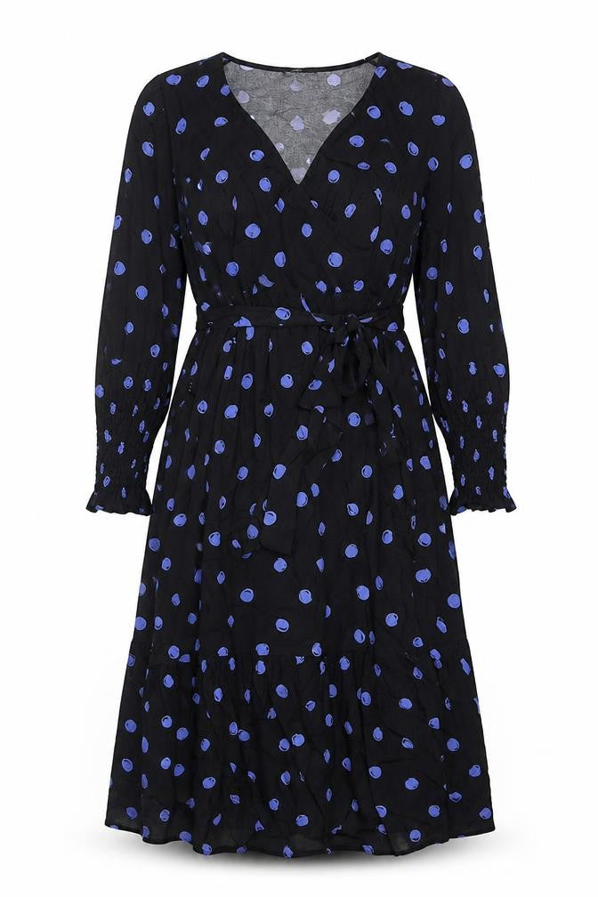 Front view of Nobody's Child Women Black Blue Polka Dot Wrap Midi Dress UK 12