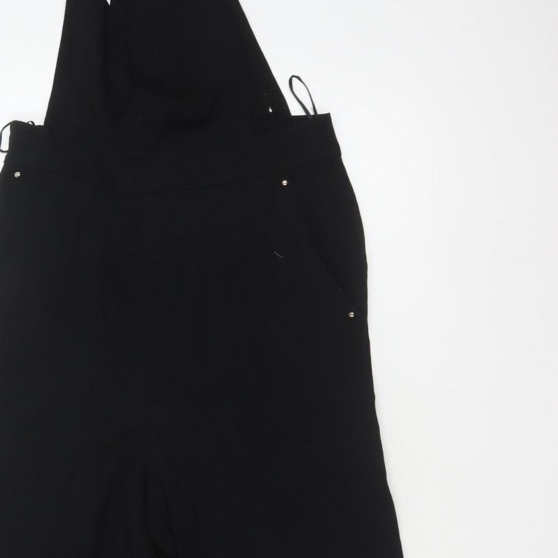 FULWIN Women Black UK 10 Wide-Leg Dungaree Jumpsuit Pockets