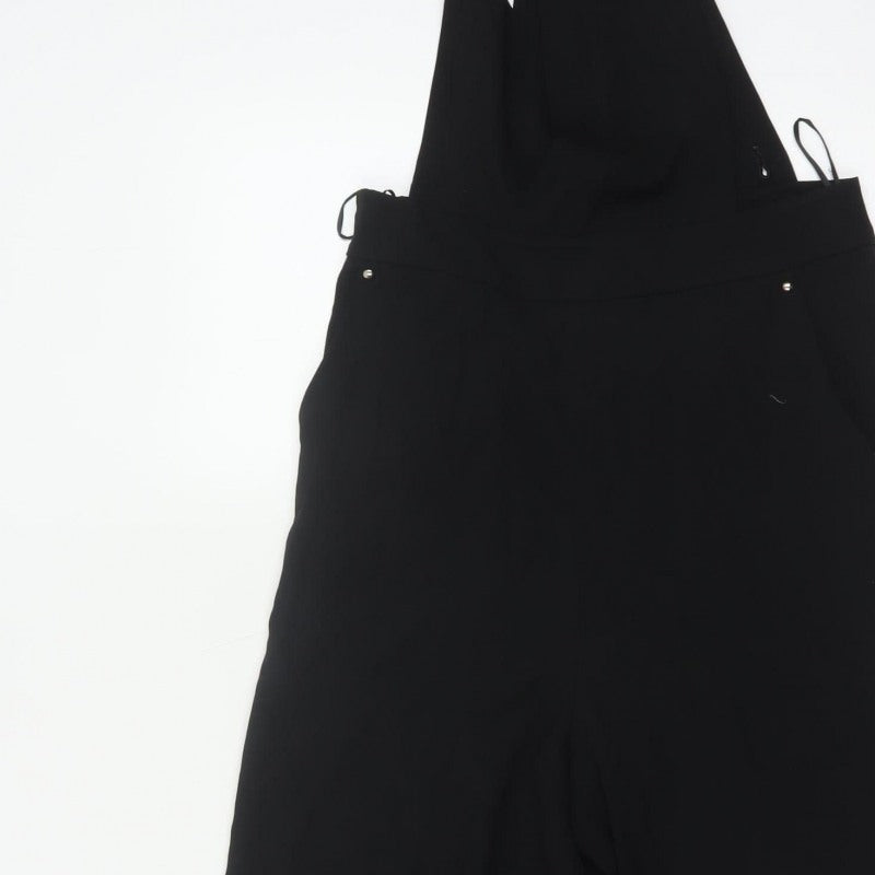 FULWIN Women Black UK 10 Wide-Leg Dungaree Jumpsuit Pockets