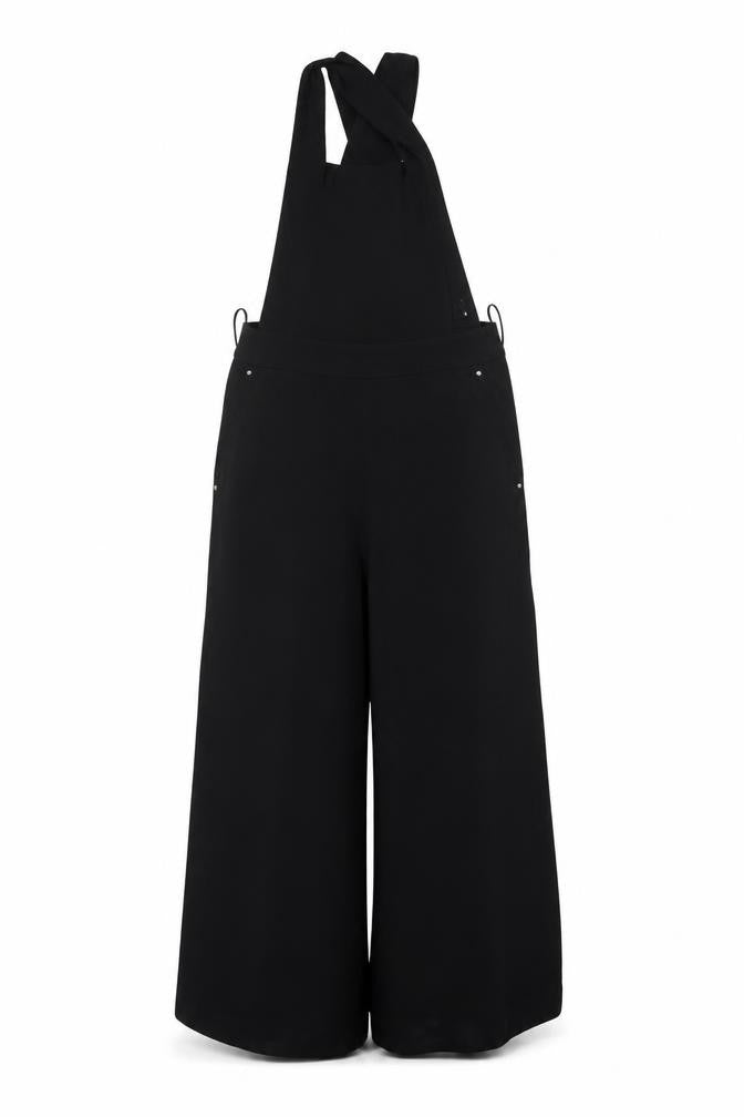 FULWIN Women Black UK 10 Wide-Leg Dungaree Jumpsuit Pockets