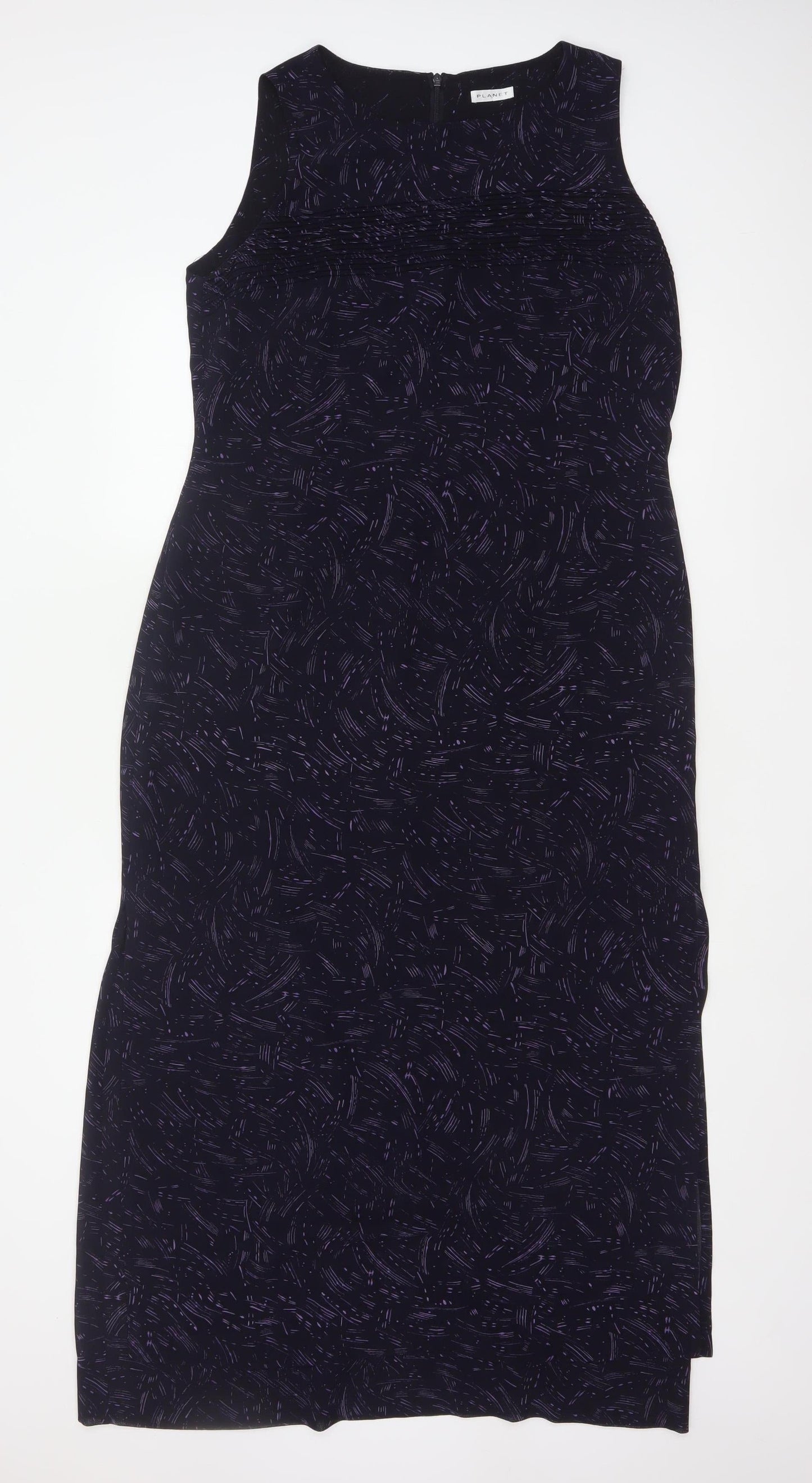 Planet Women Black Purple Print Size 14 Long Sleeveless Sheath Dress
