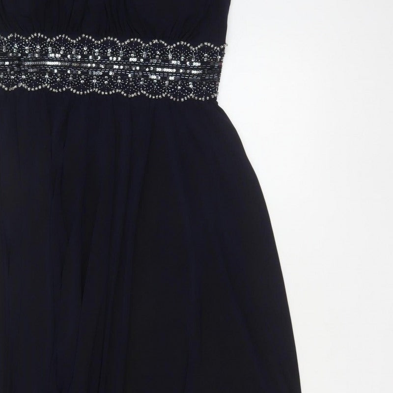 R&M Richards Women Blue UK 12 Maxi Halter Beaded Evening Dress