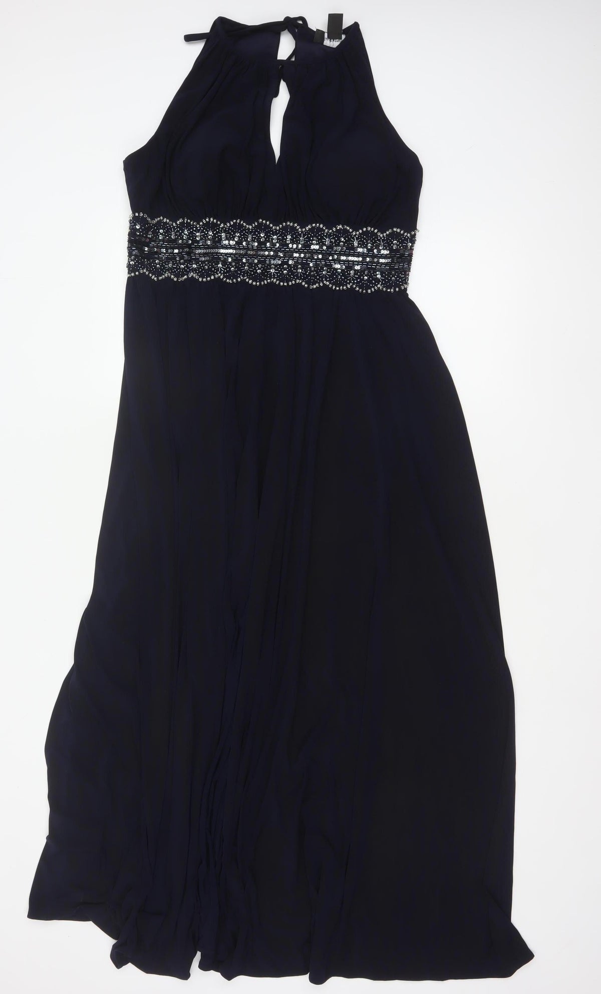 R&M Richards Women Blue UK 12 Maxi Halter Beaded Evening Dress