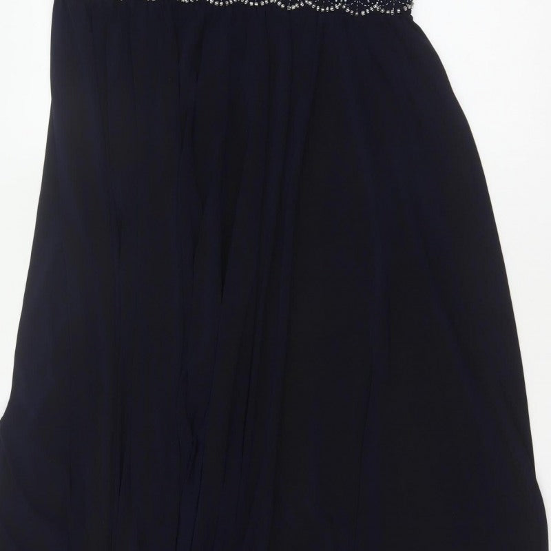 R&M Richards Women Blue UK 12 Maxi Halter Beaded Evening Dress