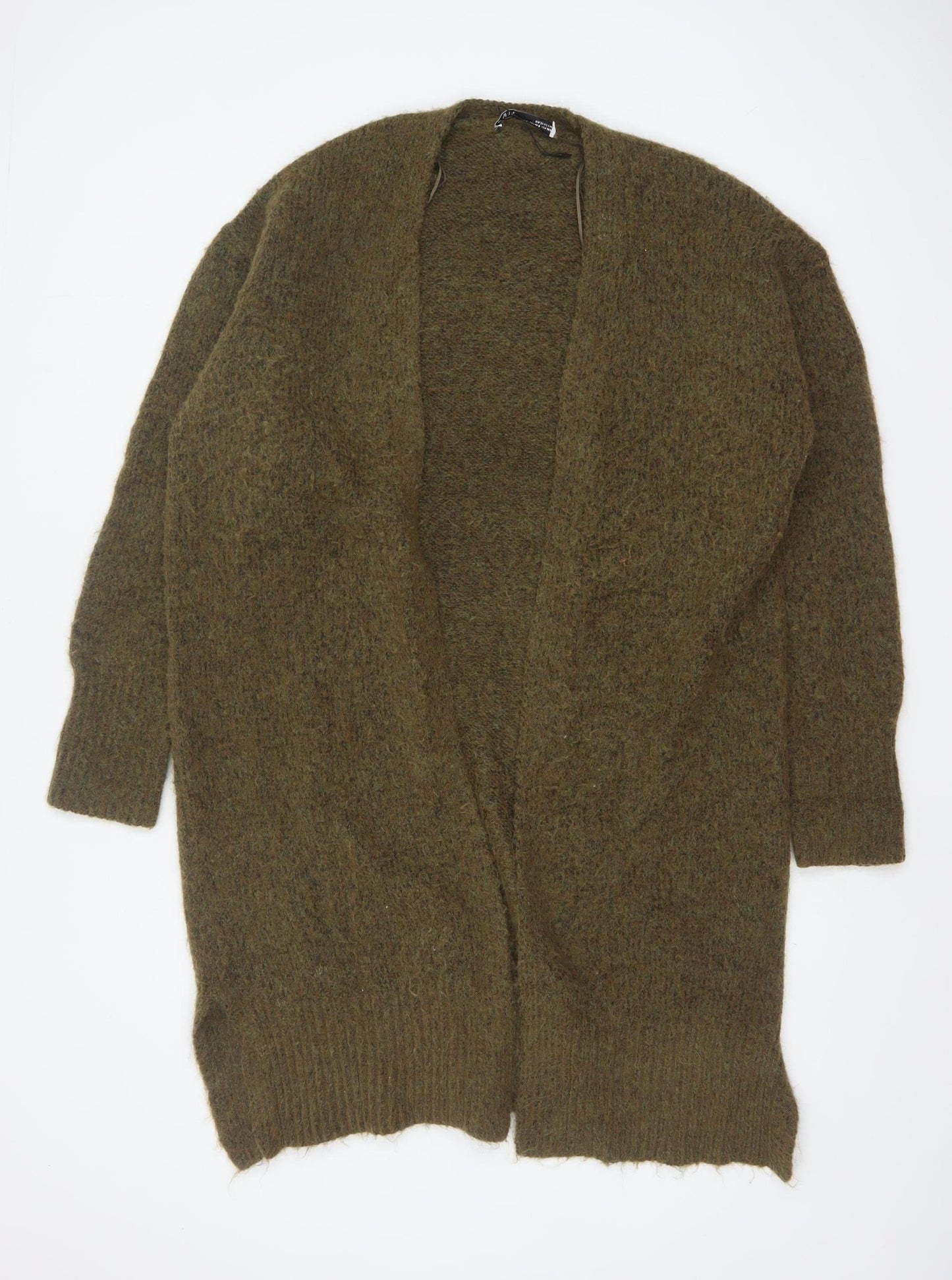 Zara Women Khaki XS-S Long Open Knit Cardigan Wool Blend