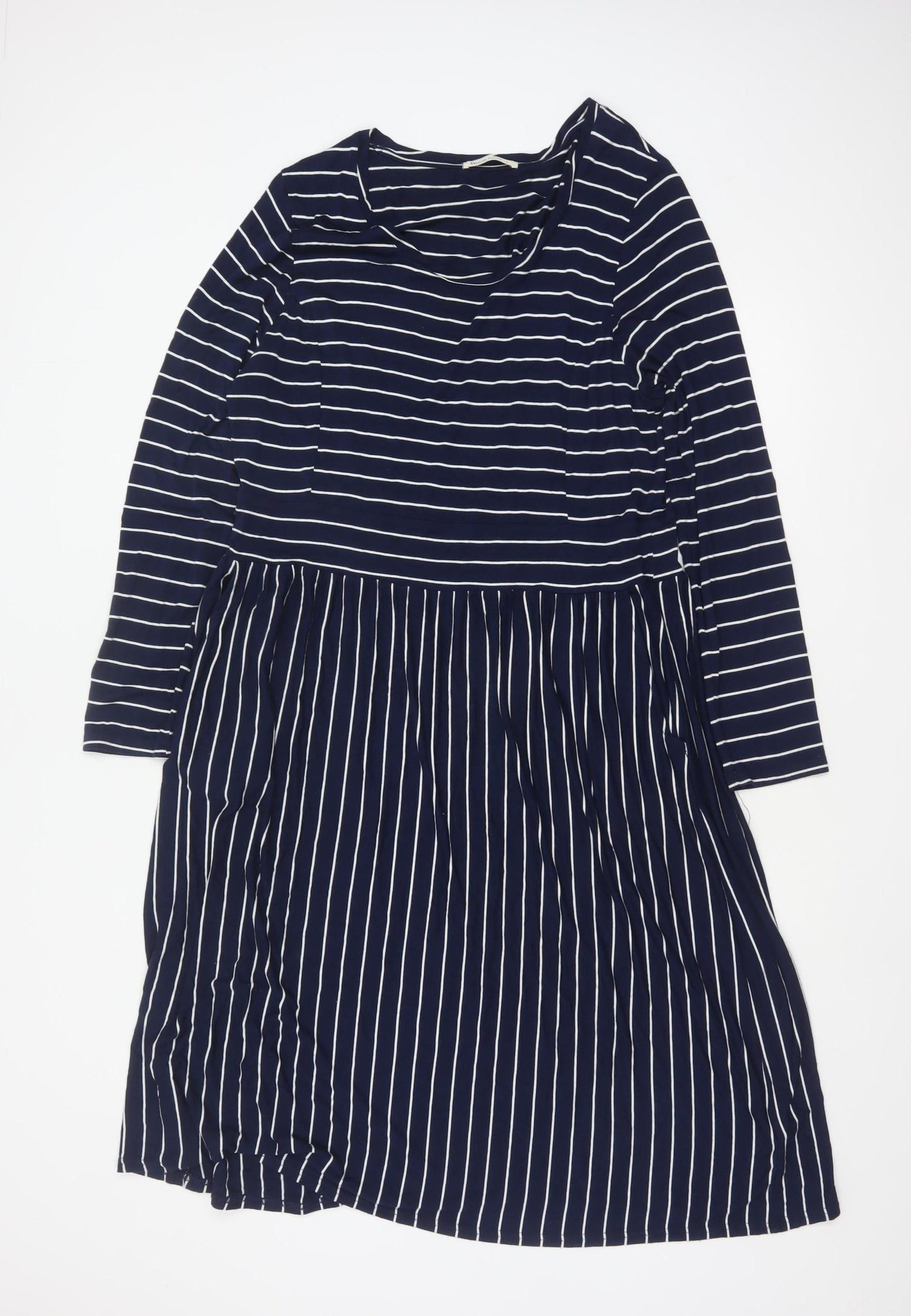 WoolOvers Women Blue L Striped Wrap Knee Length Long Sleeve Dress