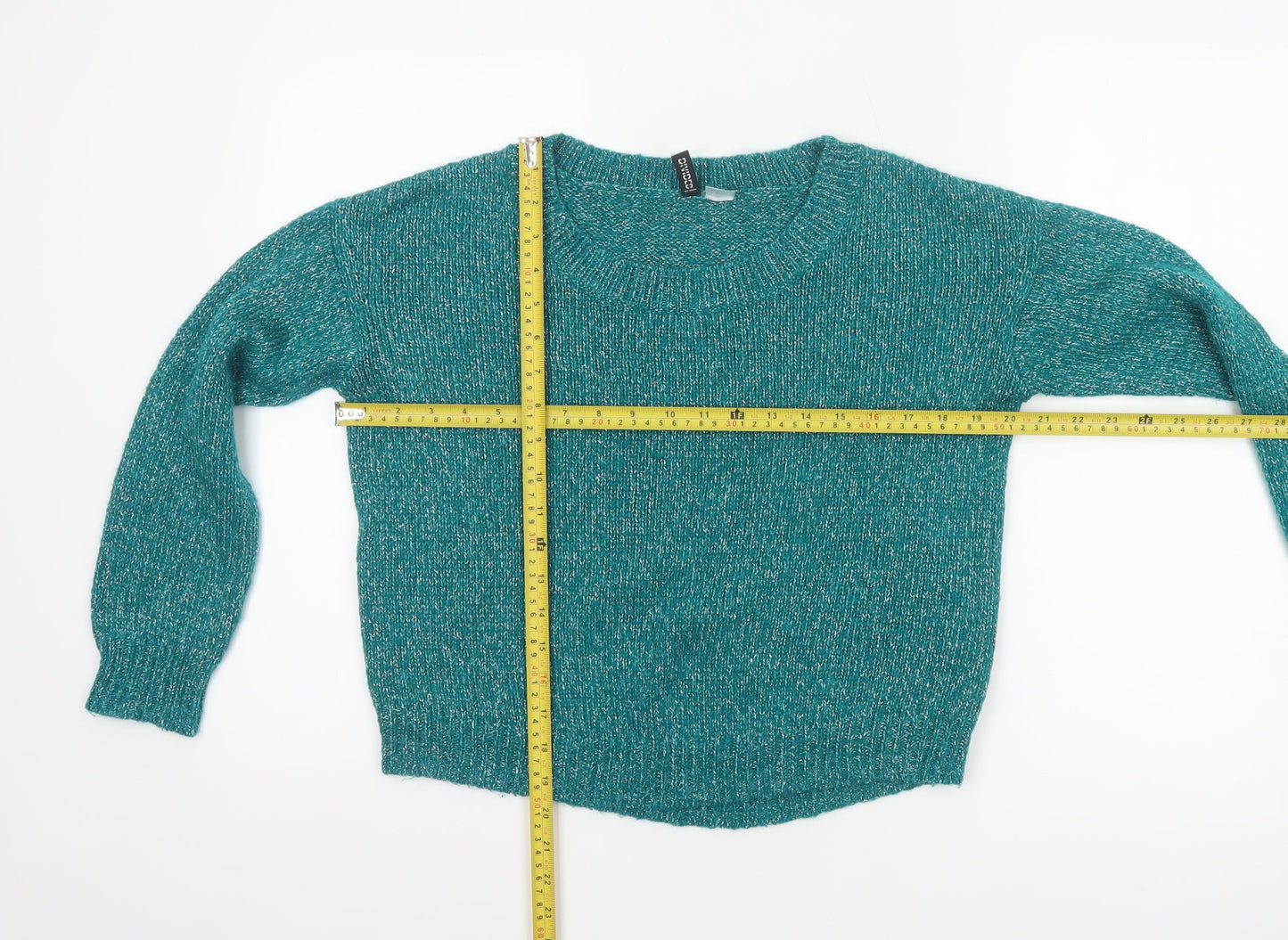 H&M Divided Women’s Teal Metallic Knit Jumper UK 8 Crew Neck
