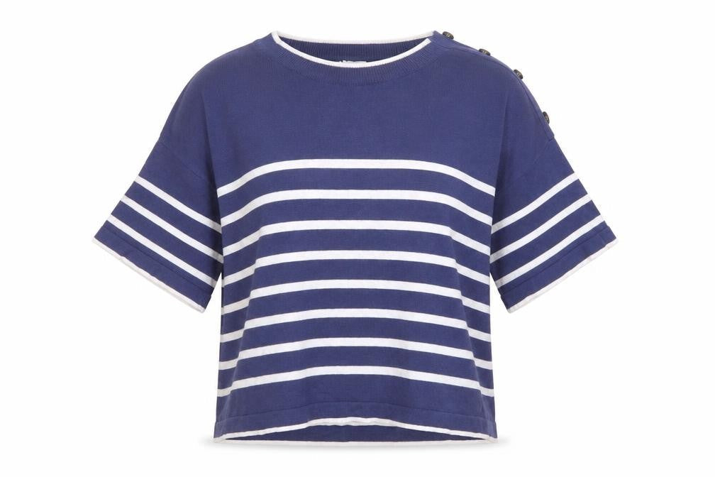An'ge Women's Blue White Striped Knit M Short Sleeve Button Shoulder Jumper
