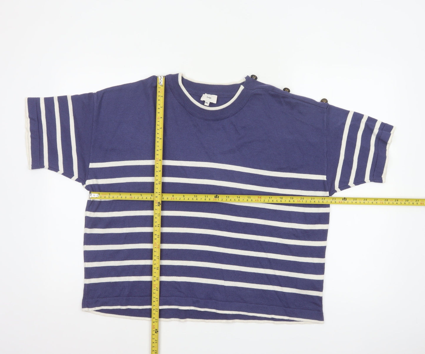 An'ge Women's Blue White Striped Knit M Short Sleeve Button Shoulder Jumper