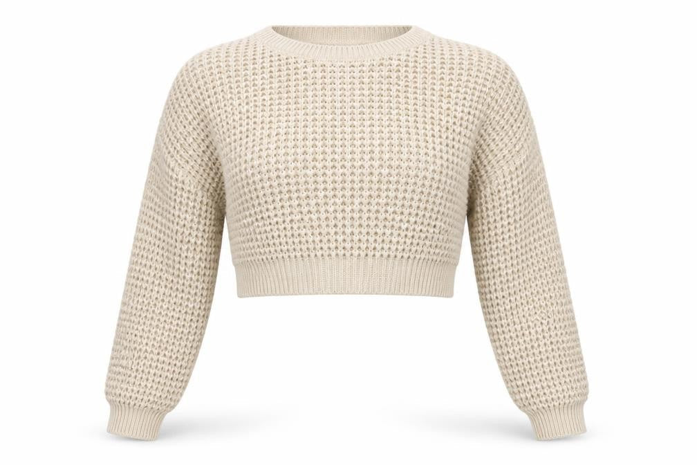 PRETTYLITTLETHING Women Beige S Open-Knit Crew Neck Cropped Jumper