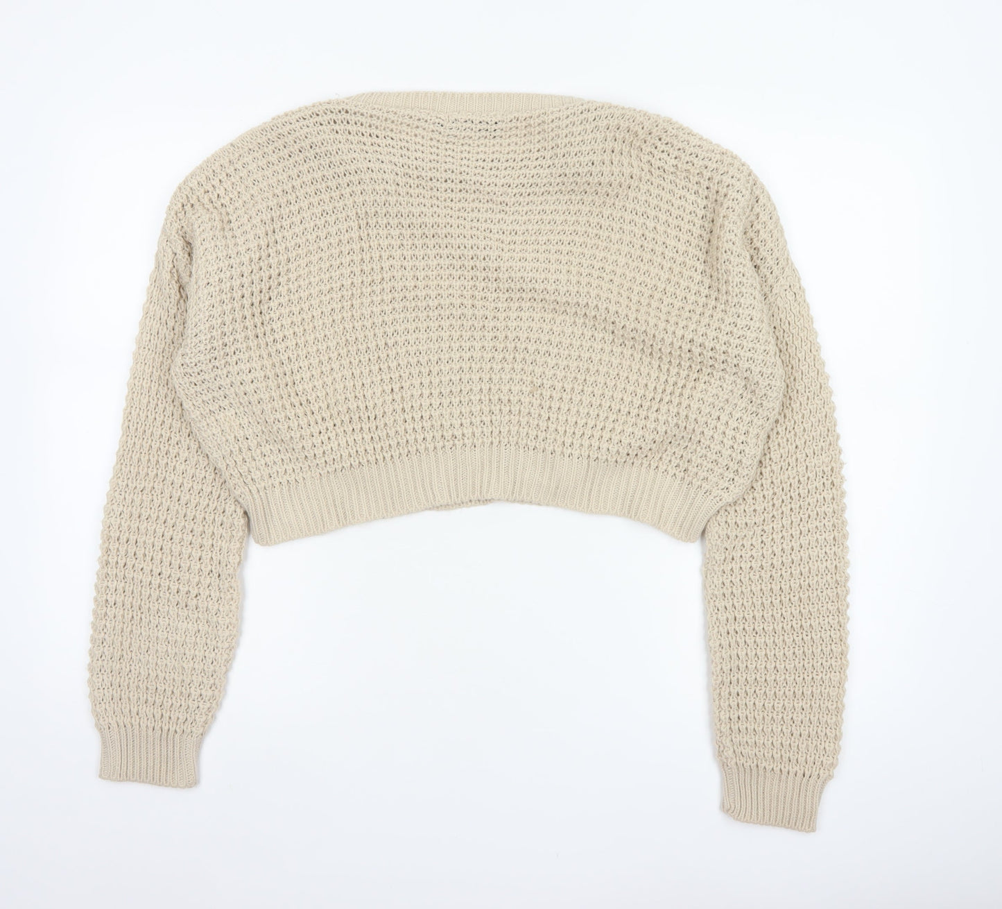 PrettyLittleThing Women Beige S Open-Knit Crew Neck Cropped Jumper