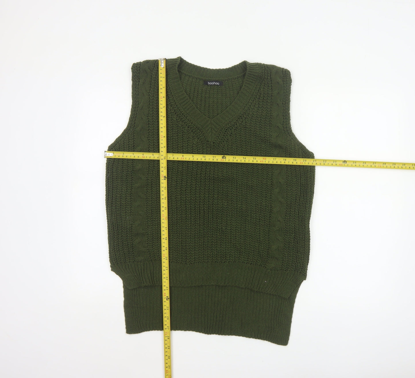 boohoo Women Green Cable Knit V-Neck Sleeveless Jumper Vest UK 10