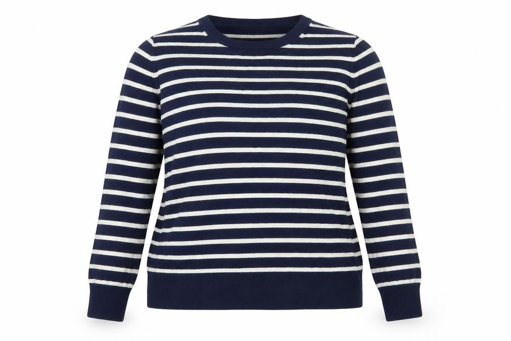 Marks & Spencer Women Blue UK 18 Merino Wool Striped Crew Neck Jumper