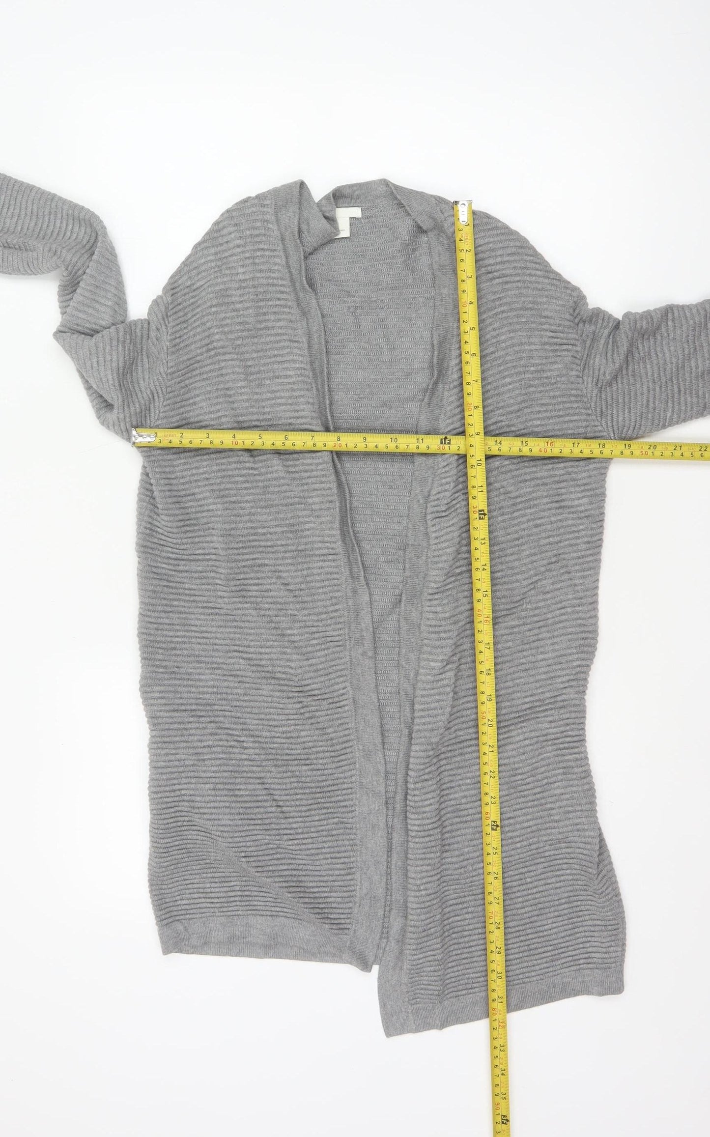 H&M Women Grey XS Open Rib Knit Longline Cardigan Cotton Viscose