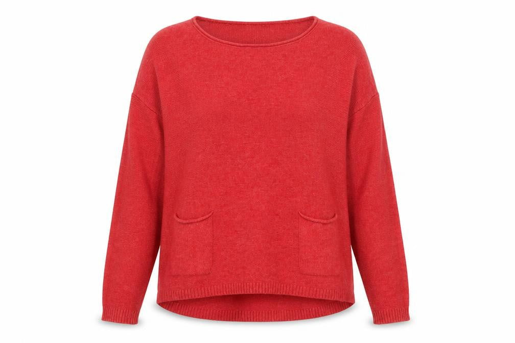 Bu.go Women’s Red M Relaxed Knit Pocket Pullover Jumper