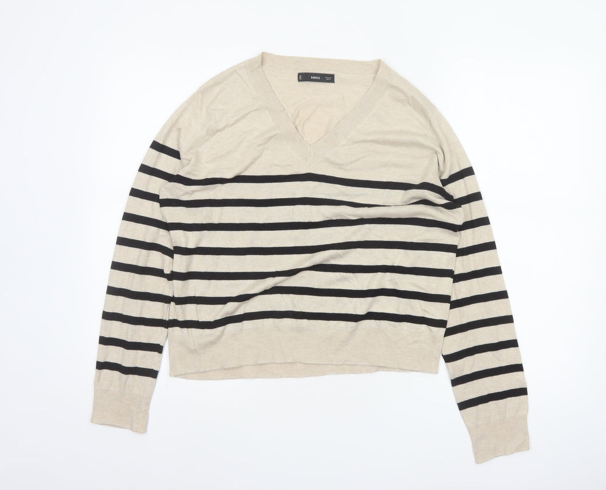 Mango Women Beige Black Striped V-Neck Knit Pullover Jumper UK 14