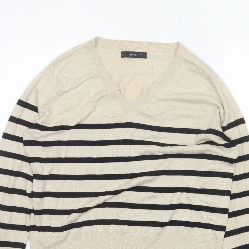Mango Women Beige Black Striped V-Neck Knit Pullover Jumper UK 14