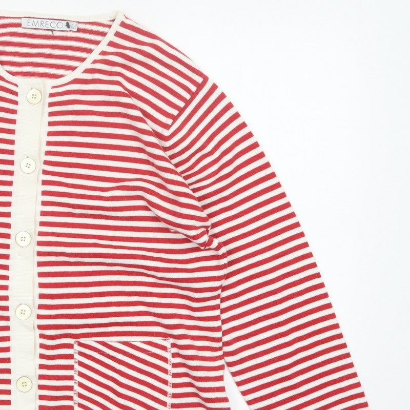 EMRECO Women’s Red White Striped Button Cardigan UK 16 Raglan Knit