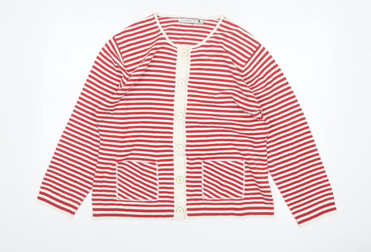 EMRECO Women’s Red White Striped Button Cardigan UK 16 Raglan Knit