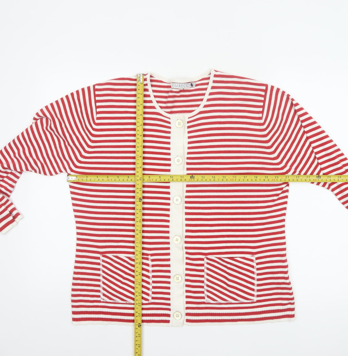 EMRECO Women’s Red White Striped Button Cardigan UK 16 Raglan Knit